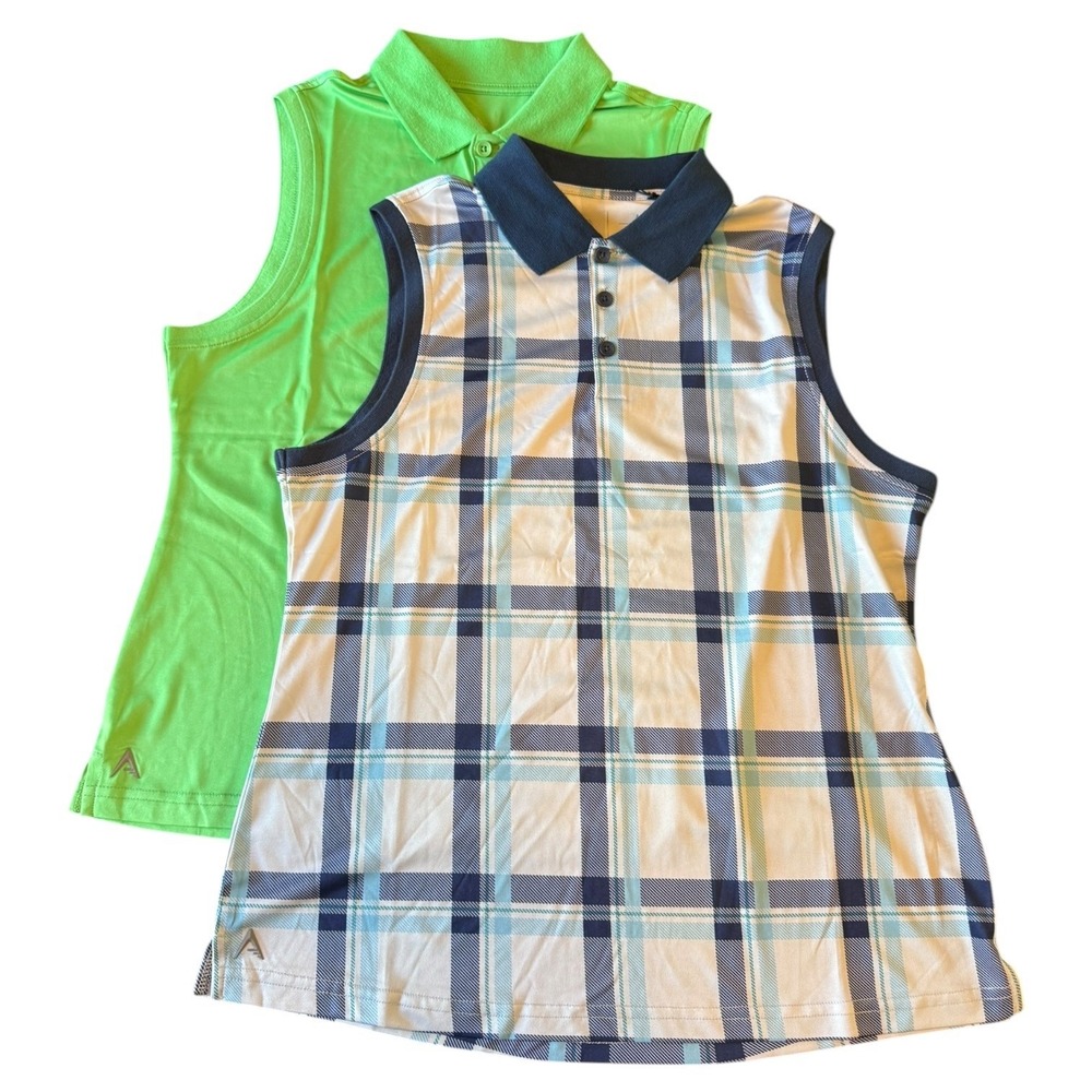 NWOT Antigua Womens Sleeveless‎ Golf Polo Shirt Lot of 2 Green Plaid Size Medium